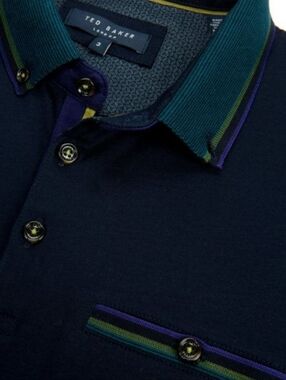 TED BAKER LONDON Men's Navy Blue Birdseye Stripe Collar Polo Shirt Size 3(M)